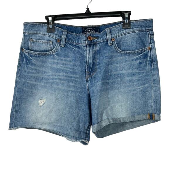 Lucky Brand Roll Up Denim Shorts Distressed High Rise Blue Boho Size 12 / 31 - Picture 2 of 13